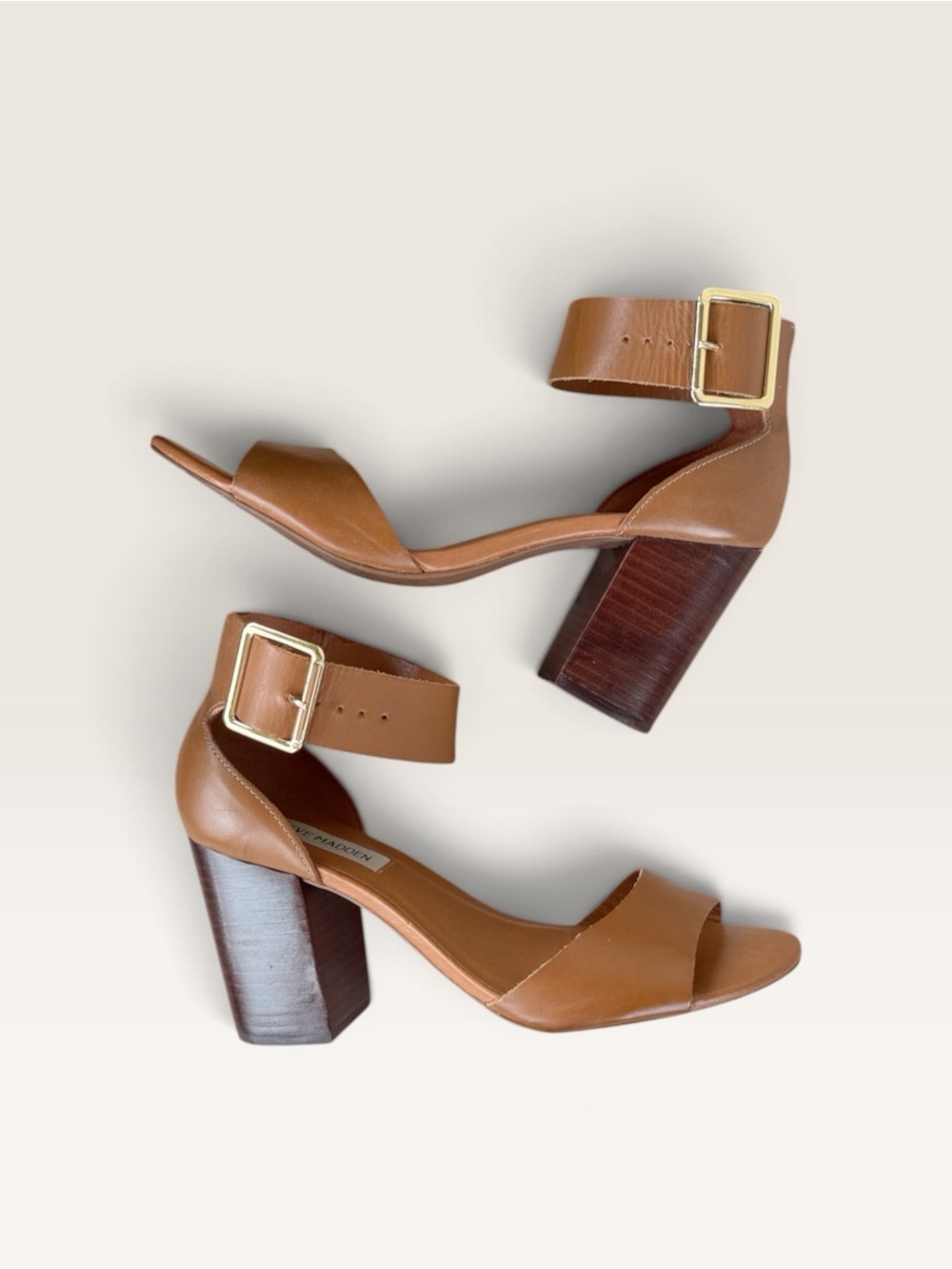 Steve Madden Brown Leather Block Heel Sandals with Gold Buckle